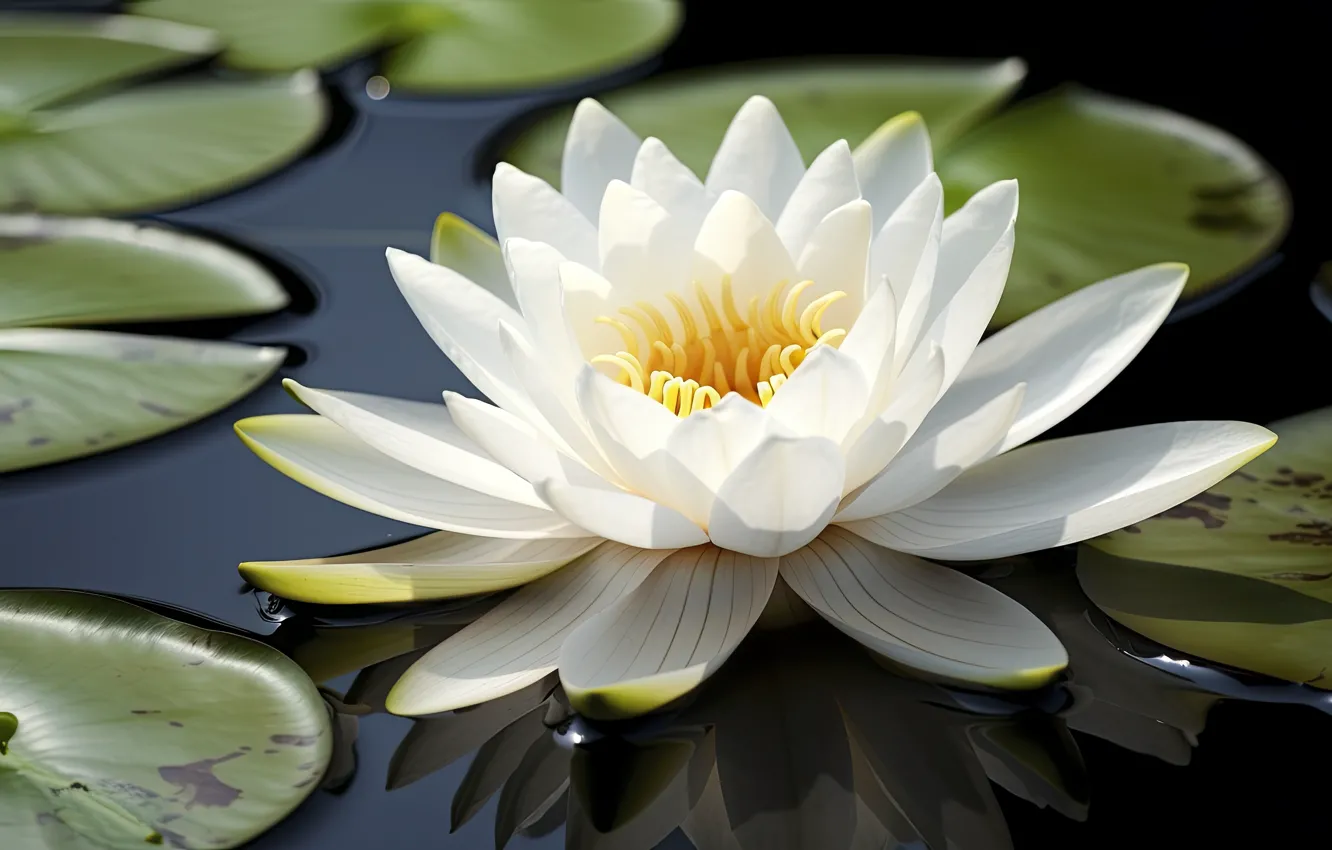 Фото обои цветок, листья, озеро, пруд, белая, водоем, водяная лилия, ИИ-арт