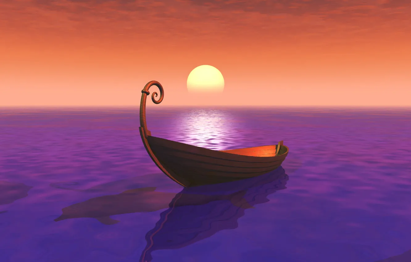Фото обои море, солнце, закат, дельфин, ладья