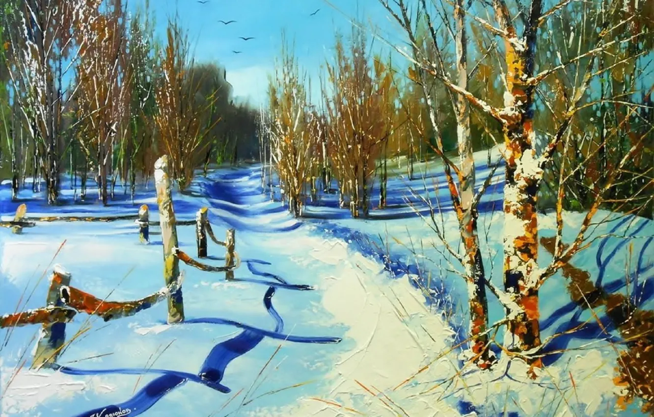 Фото обои зима, небо, снег, деревья, пейзаж, птицы, забор, картина