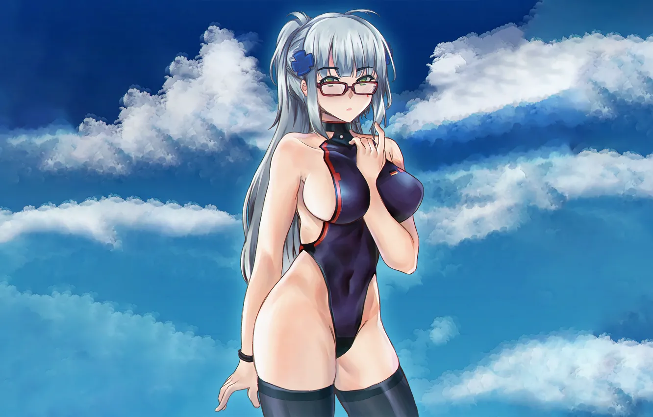 Фото обои girl, sexy, cleavage, thighhighs, sky, long hair, boobs, anime