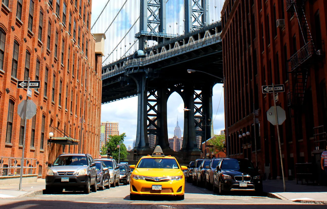 Фото обои авто, мост, город, улица, здания, такси, new york, нью йорк
