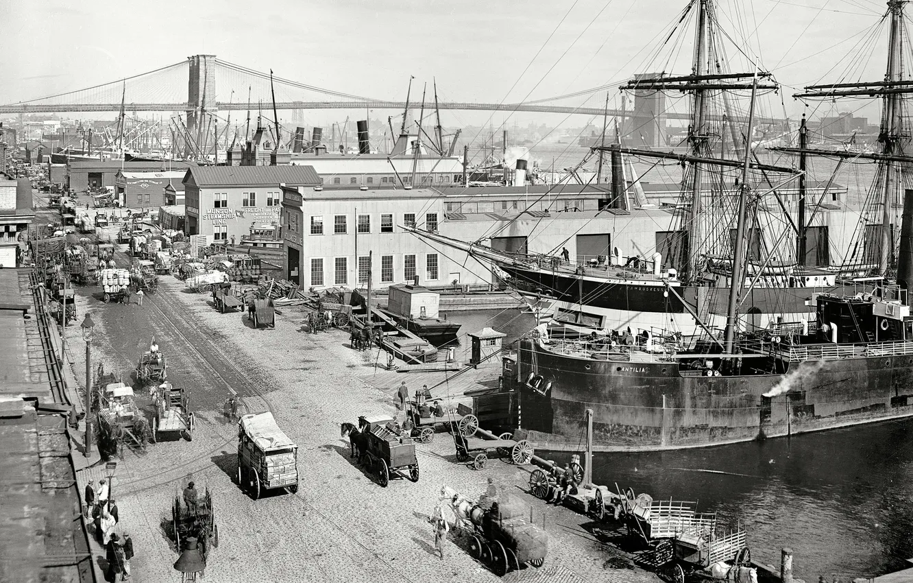 Фото обои мост, порт, New York, NYC, Brooklyn Bridge, 1901