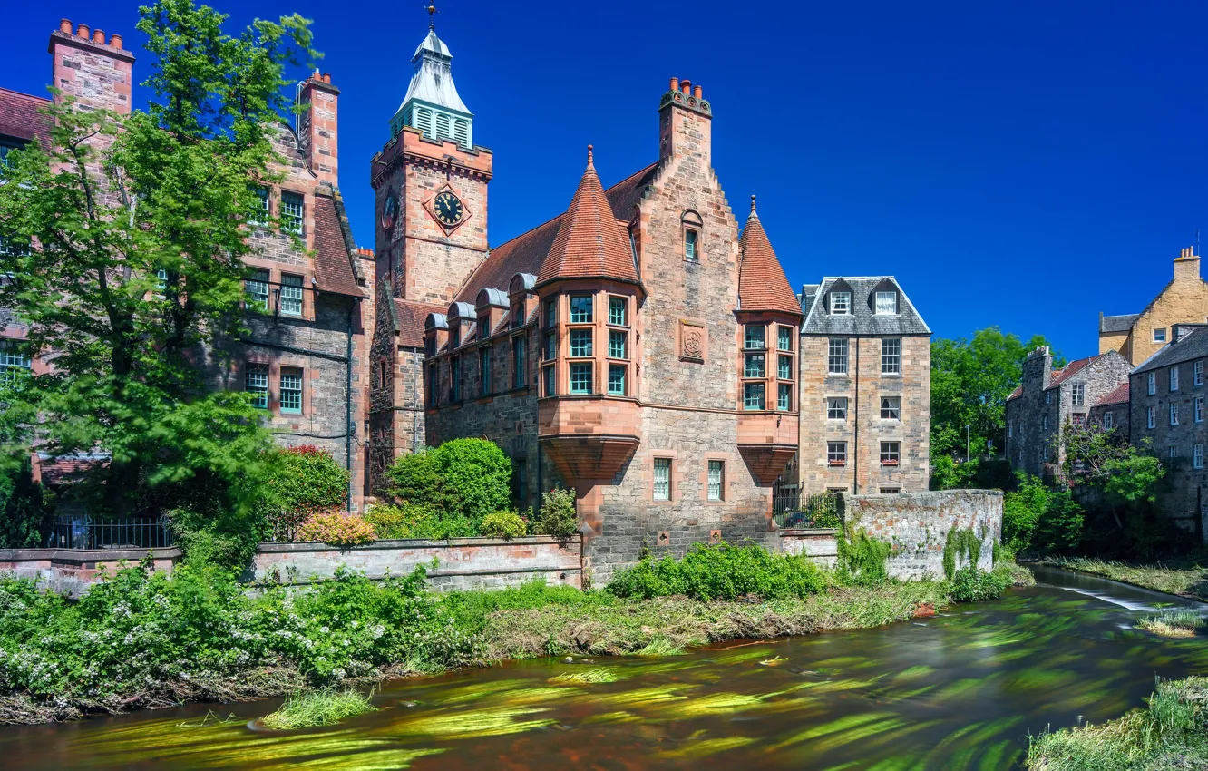 Фото обои река, здания, дома, Шотландия, Scotland, Эдинбург, Edinburgh, Dean Village