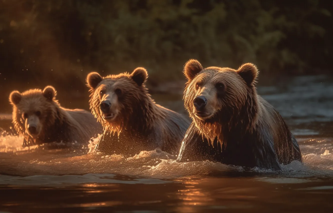 Фото обои Вода, Медведи, Речка, Трое, Цифровое искусство, ИИ-арт, Искусство искусственного интеллекта, Нейросеть