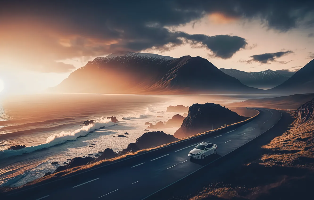 Фото обои дорога, море, car, машина, пляж, закат, горы, beach