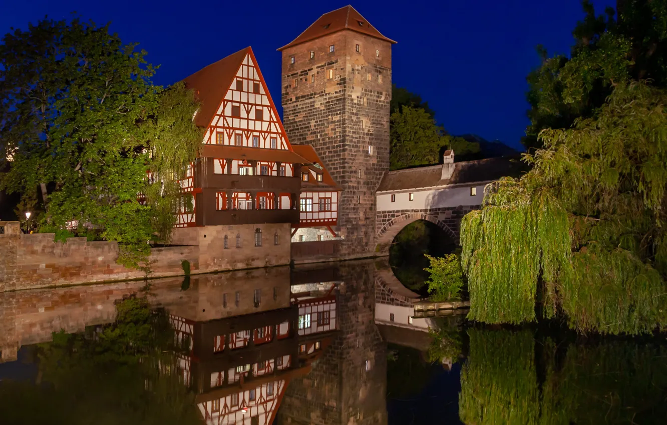 Фото обои ночь, мост, огни, башня, Германия, Бавария, Нюрнберг