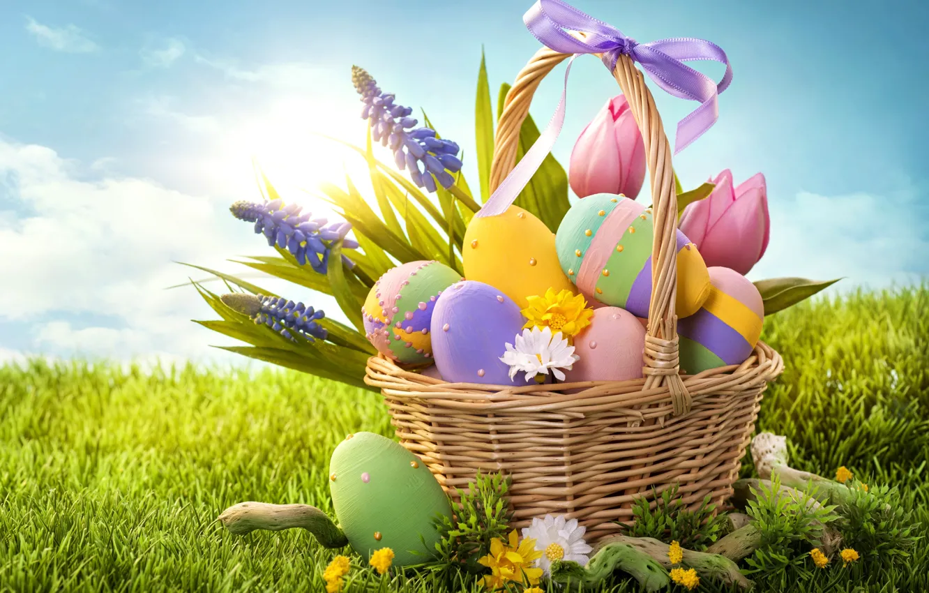 Фото обои трава, цветы, праздник, корзина, яйца, весна, Пасха, бант