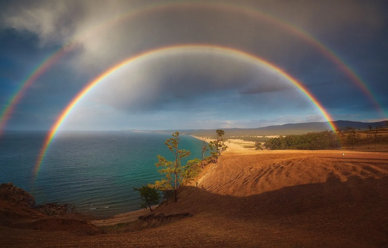 Фото обои Rainbow, sky, trees, landscape, nature, water, clouds, lake