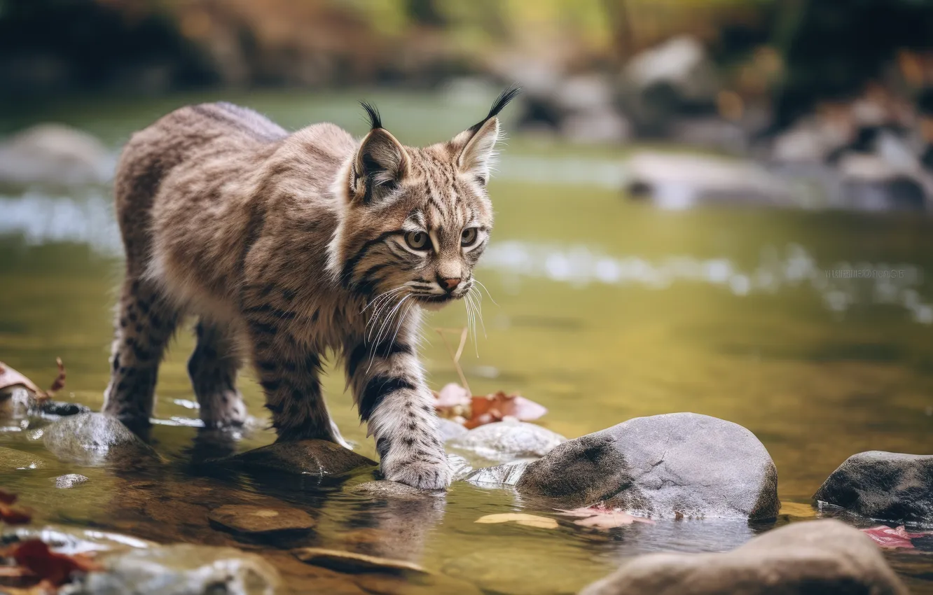 Фото обои Вода, Взгляд, Котенок, Камни, Детеныш, Рысь, Цифровое искусство, Большая кошка