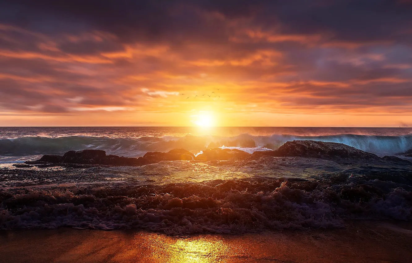 Фото обои waves, sky, sea, ocean, landscape, nature, sunset, beautiful