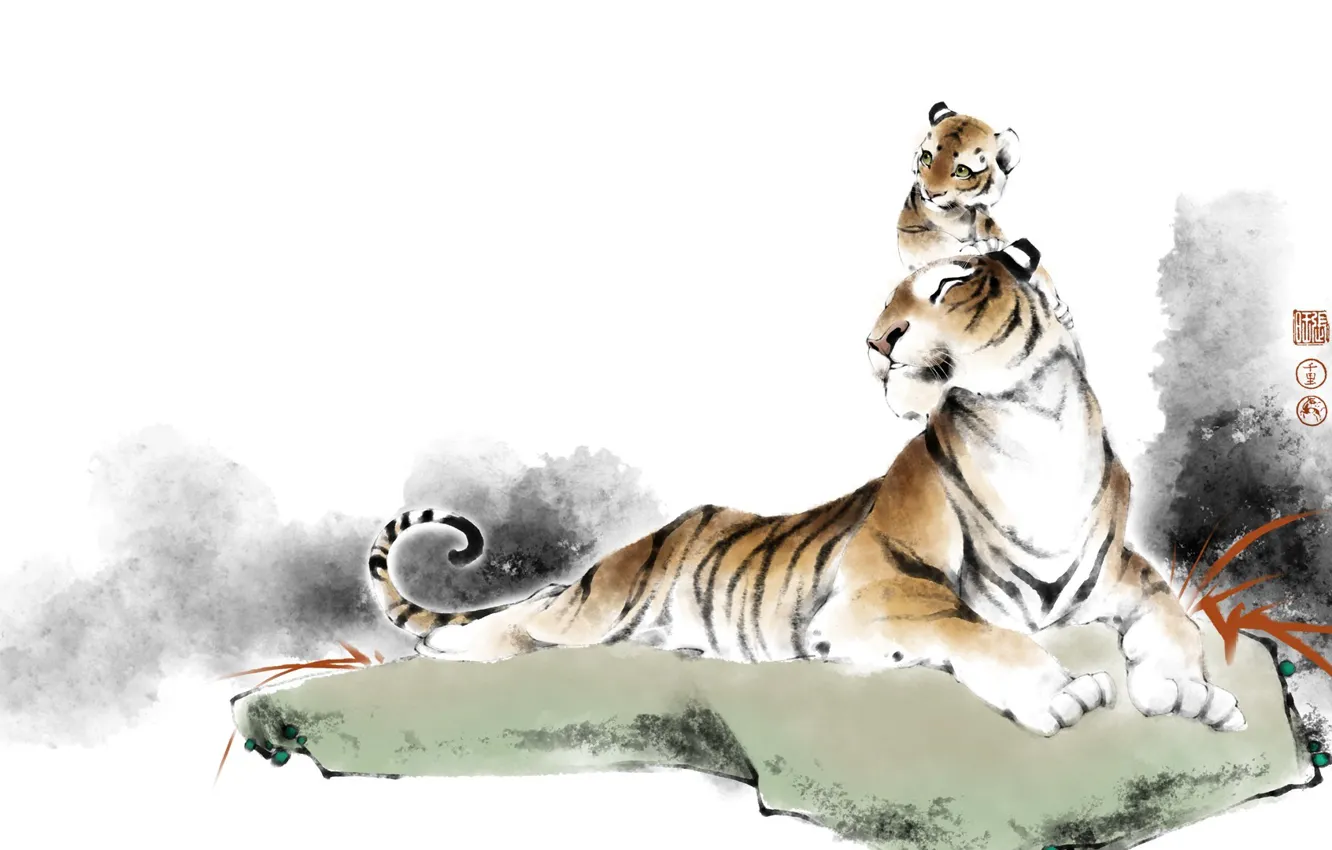 Фото обои природа, тигр, семья, арт, тигрёнок