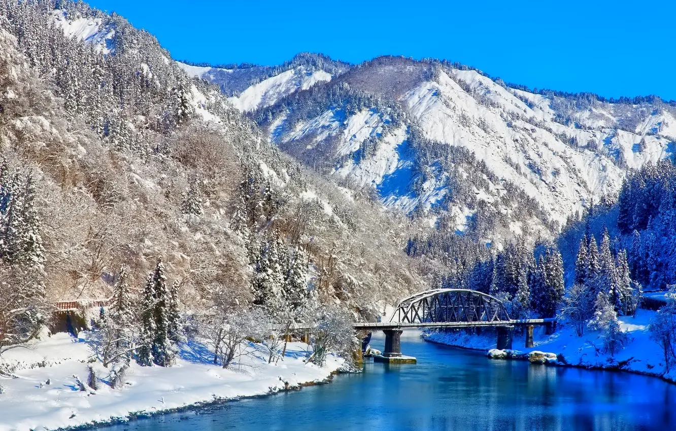 Фото обои зима, снег, горы, мост, природа, река