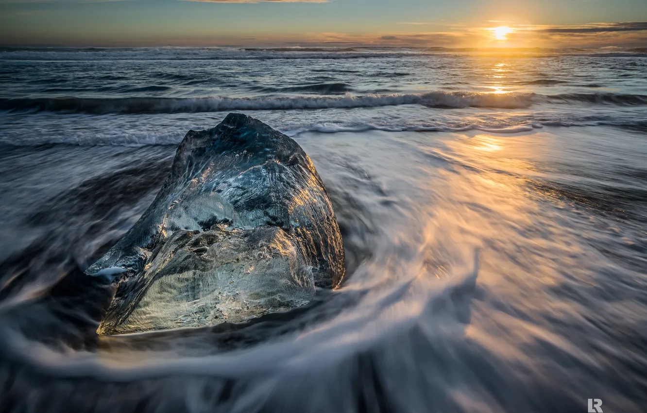 Фото обои лед, вода, океан, рассвет, берег