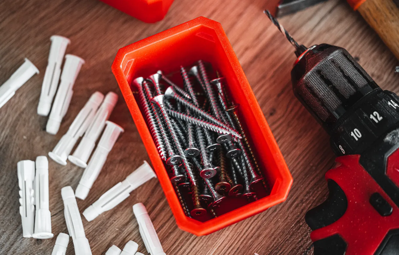 Фото обои tools, screws, red box, dowels