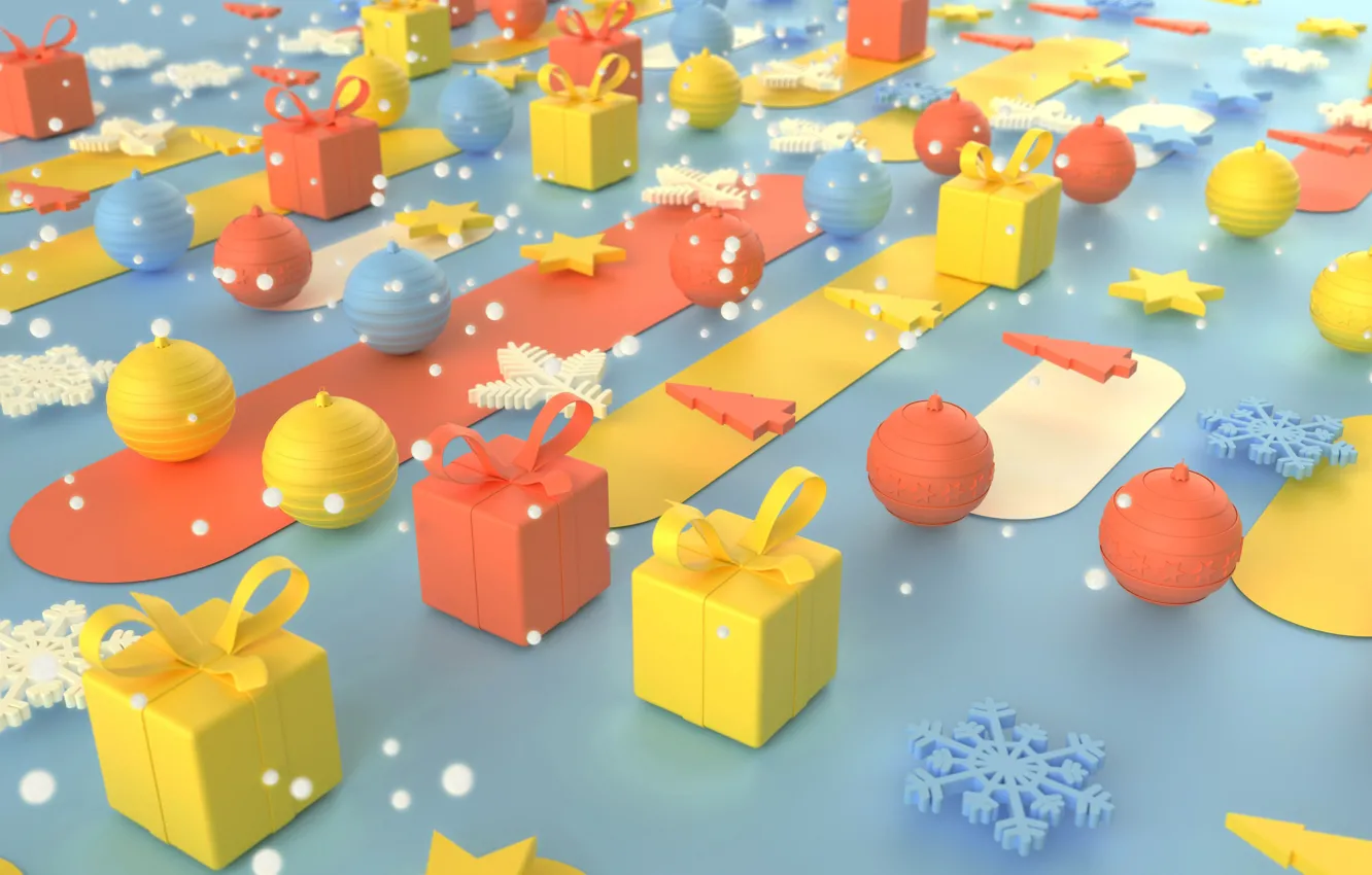 Фото обои шарики, снежинки, рендеринг, праздник, графика, Рождество, подарки, Новый год