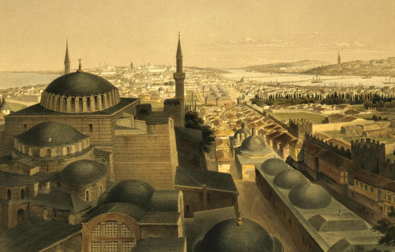 Фото обои город, картина, панорама, мечеть, Стамбул, Турция, минарет, Собор Святой Софии