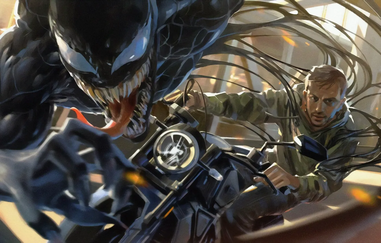 Фото обои арт, мотоцикл, Веном, Venom, симбиот, Эдди Брок