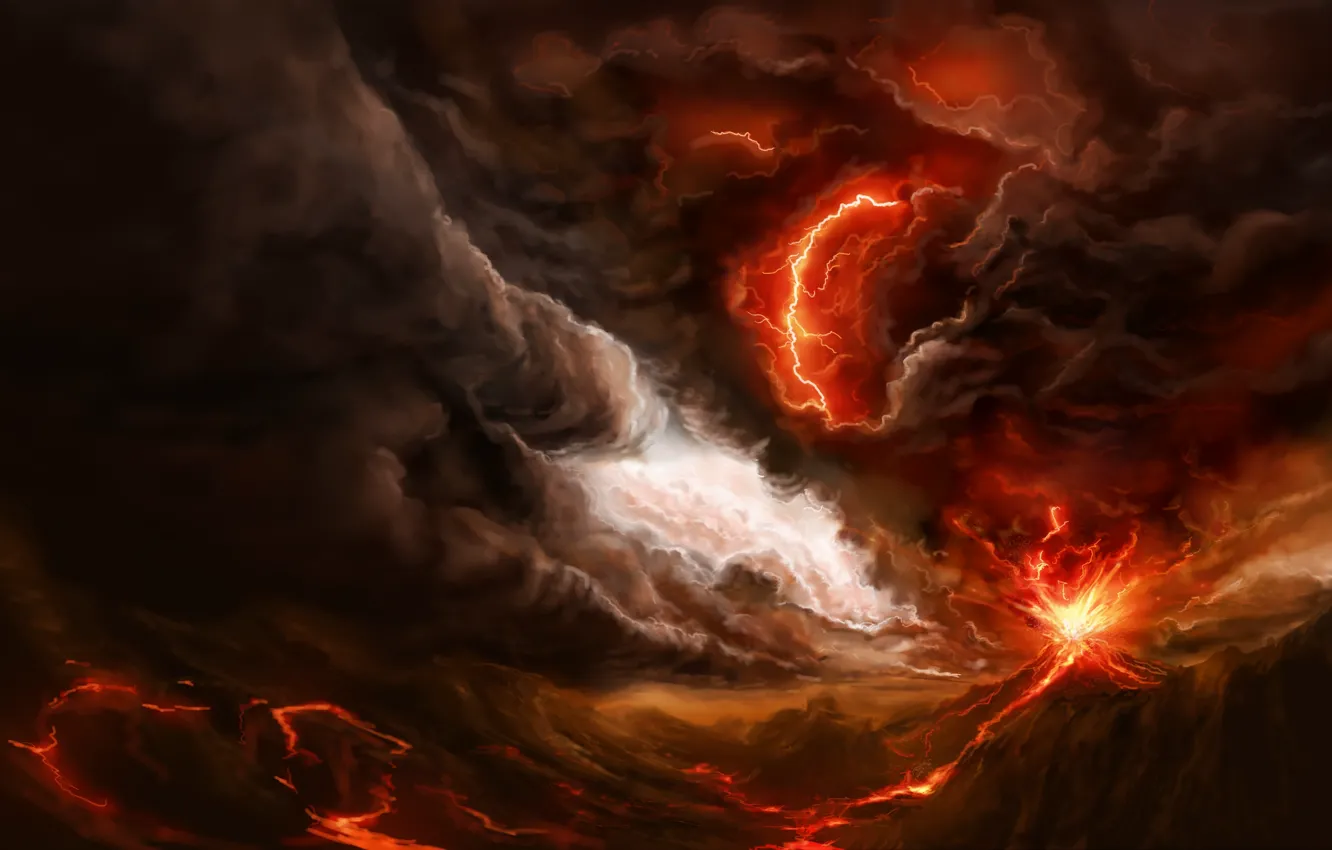 Фото обои гроза, тучи, огонь, молния, дым, гора, буря, вулкан