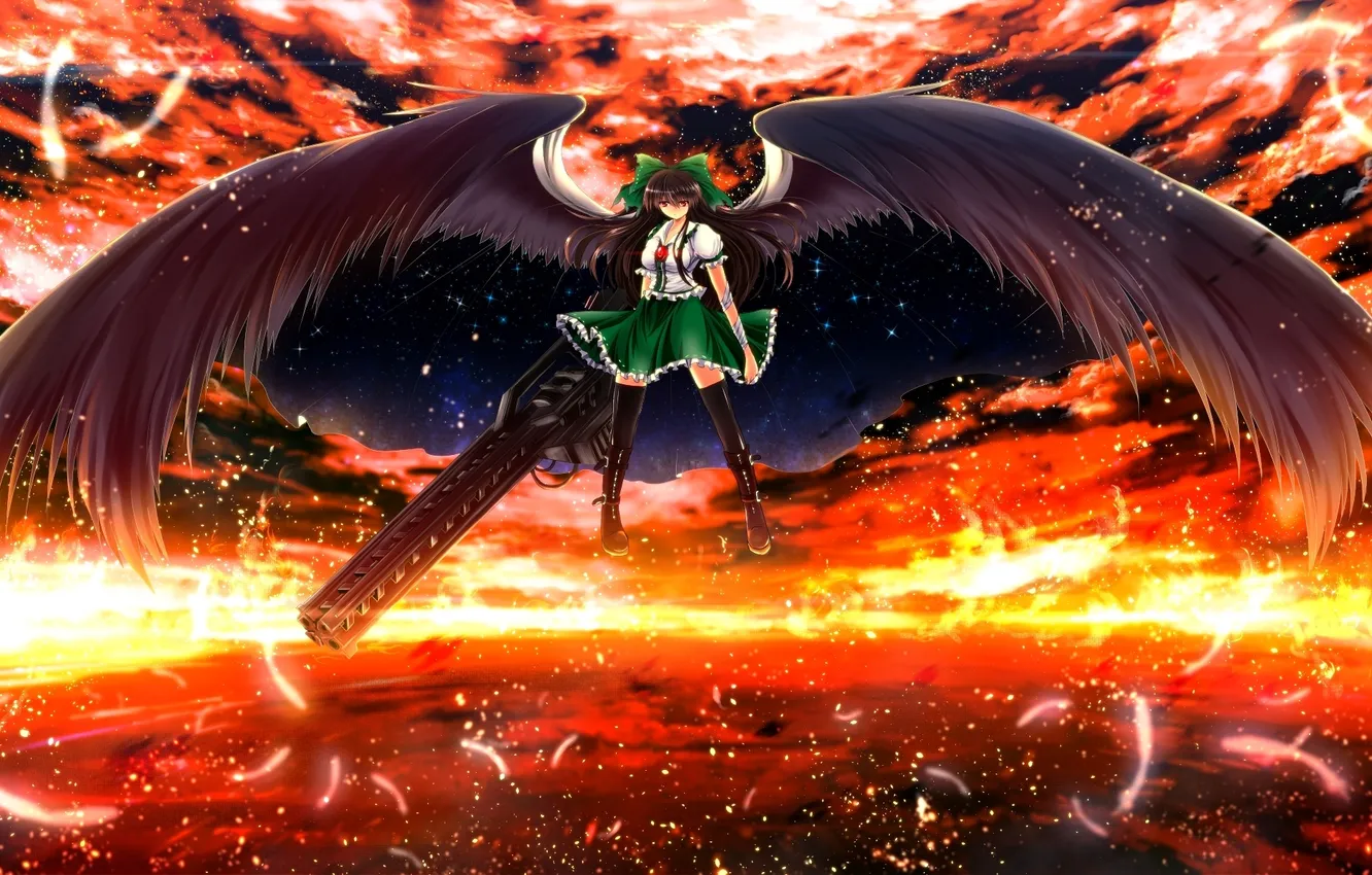 Фото обои небо, девушка, облака, оружие, огонь, крылья, перья, арт