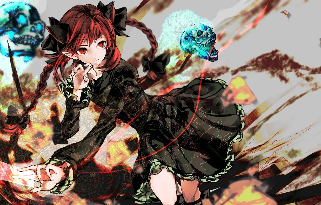 Фото обои девушка, арт, черепа, ушки, touhou, kaenbyou rin, yutapon