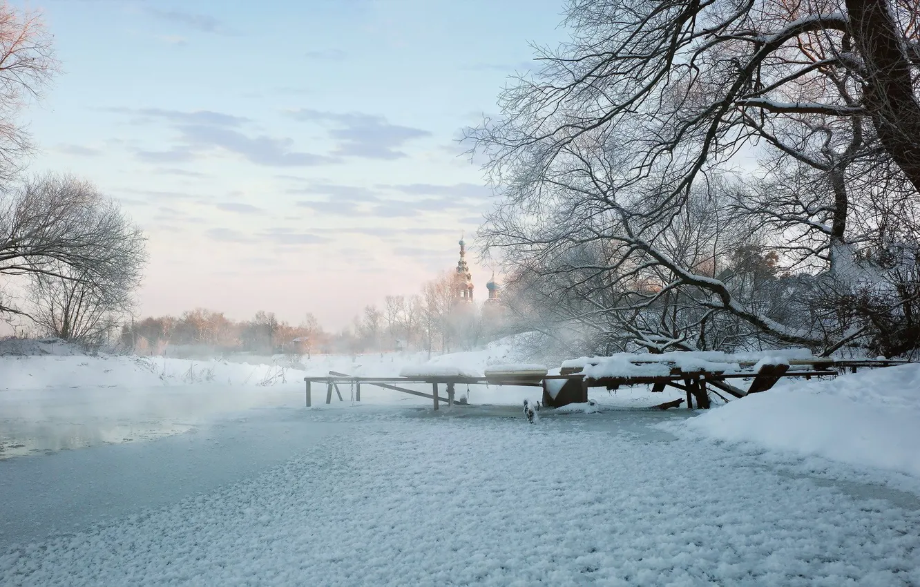 Фото обои зима, мост, река, Храм Покрова Пресвятой Богородицы