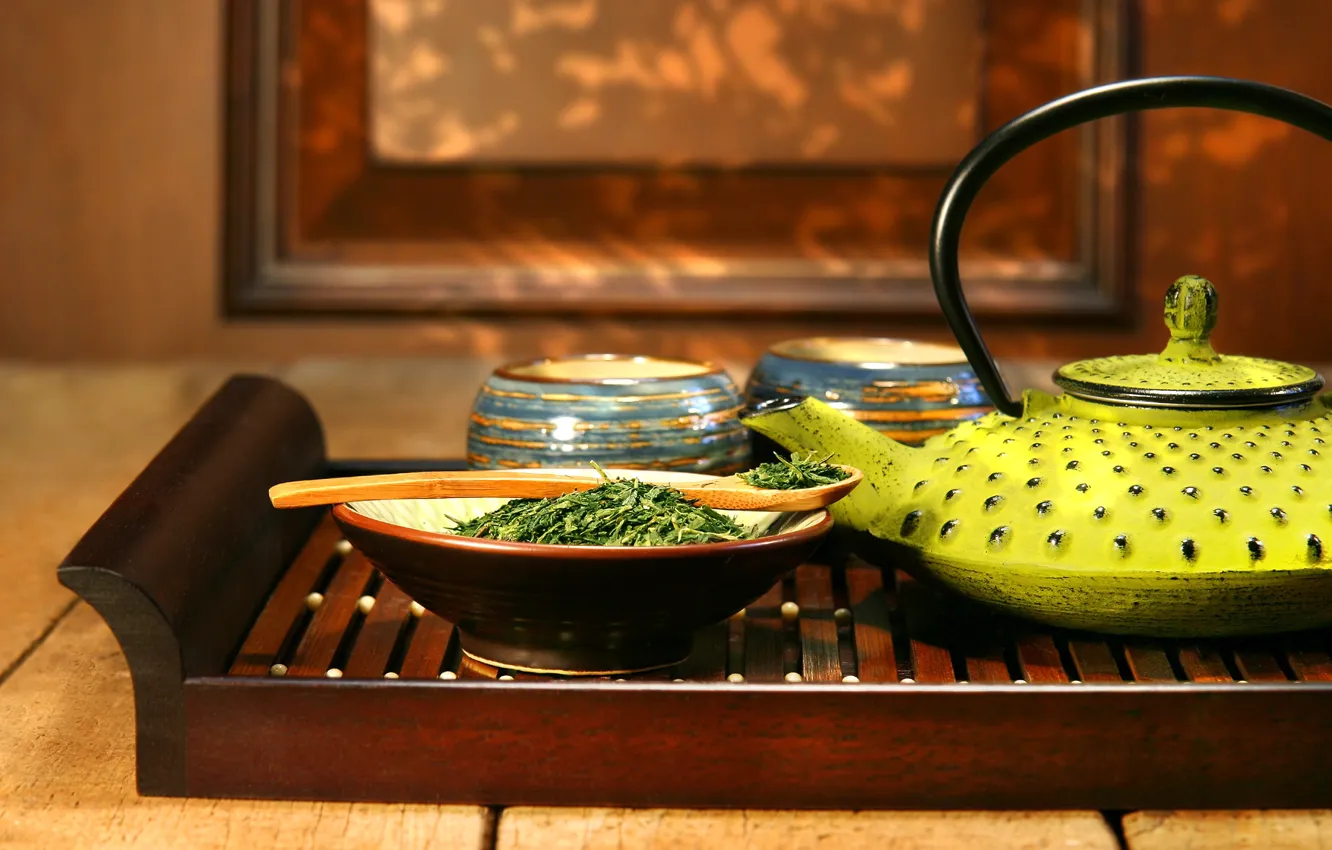 Фото обои чай, чайник, ложка, заварка, поднос, чайная церемония, пиалы