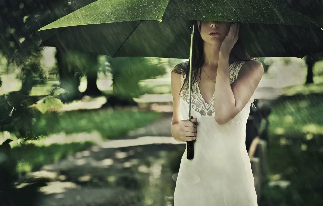 Фото обои лето, девушка, дождь, настроение, зонт