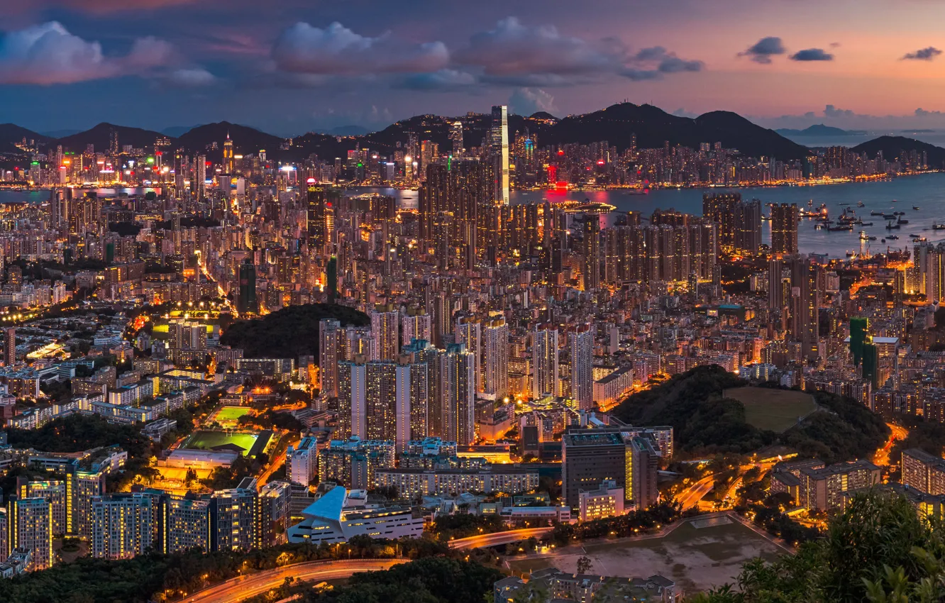 Фото обои China, Гонконг, панорама, Китай, ночной город, Hong Kong