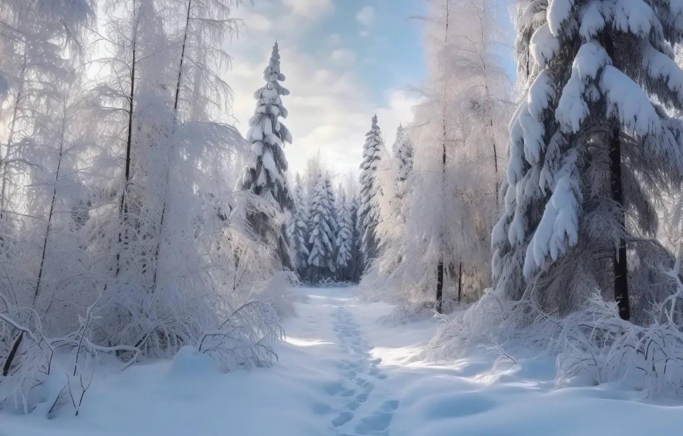 Фото обои зима, иней, лес, небо, облака, снег, пейзаж, ветки