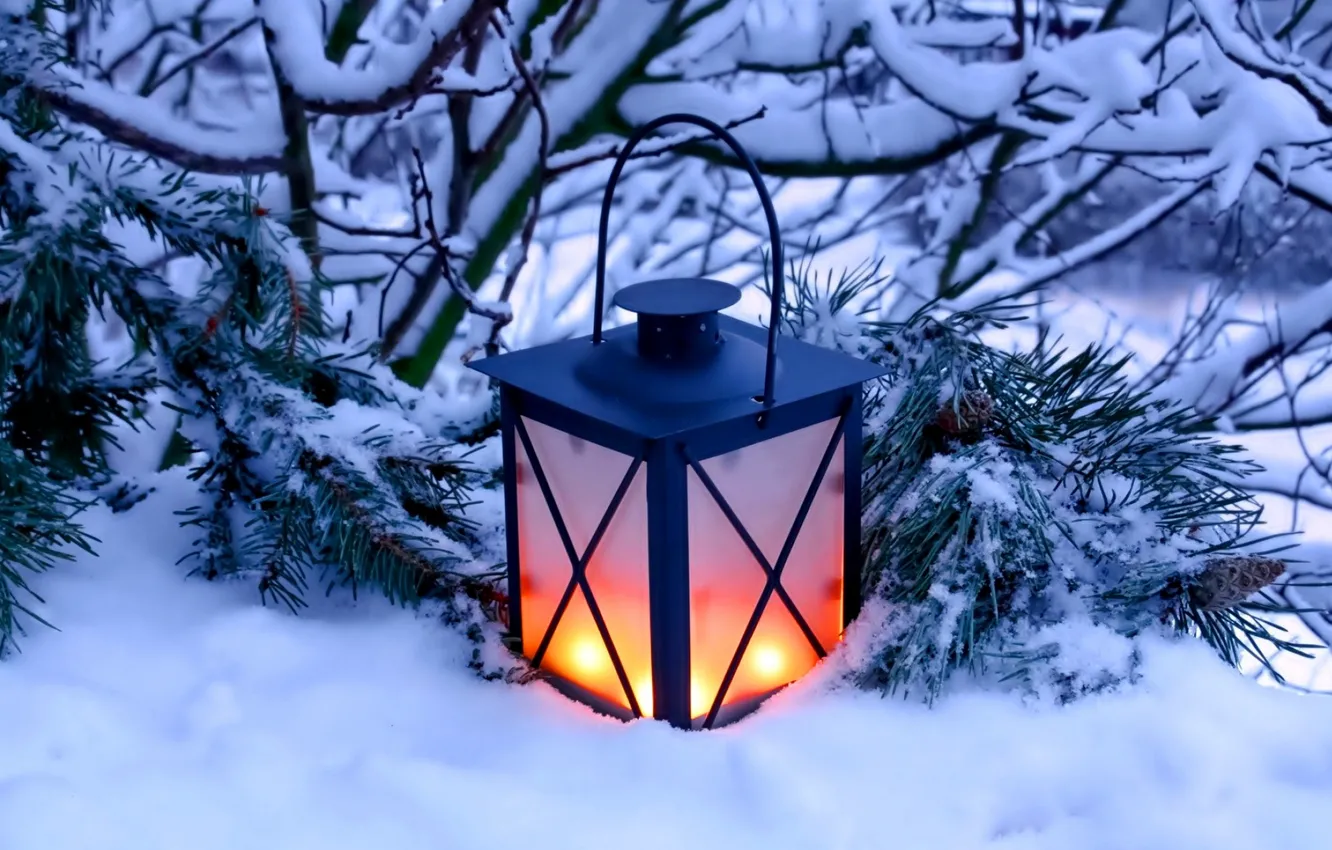 Фото обои зима, снег, природа, свечи, фонарь, light, nature, winter
