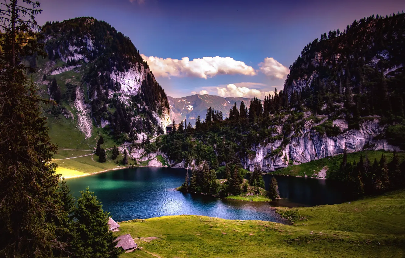 Фото обои горы, озеро, Switzerland, Stockhorn Romance, Hinterstockensee