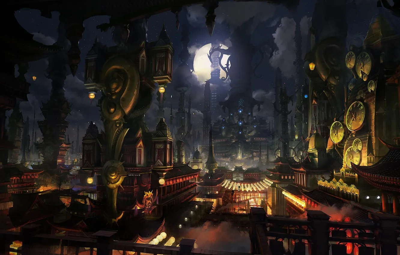 Фото обои облака, ночь, город, огни, луна, часы, арт, сооружения