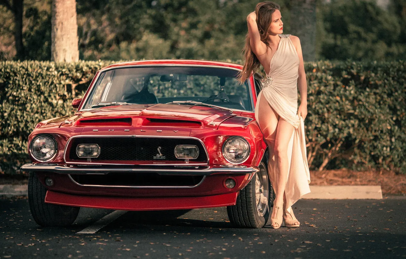 Фото обои девушка, Mustang, Ford, Модель, red, мускул кар, muscle car, front