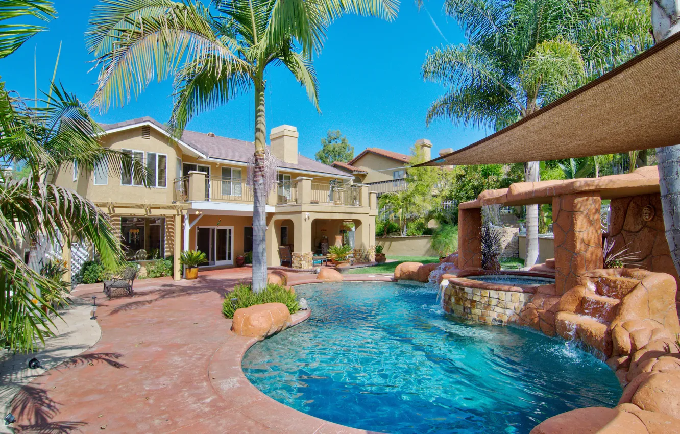Фото обои пальмы, вилла, бассейн, архитектура, терраса
