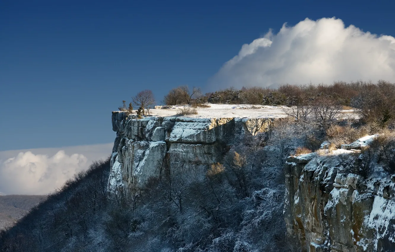 Фото обои зима, небо, облака, снег, деревья, горы, Крым