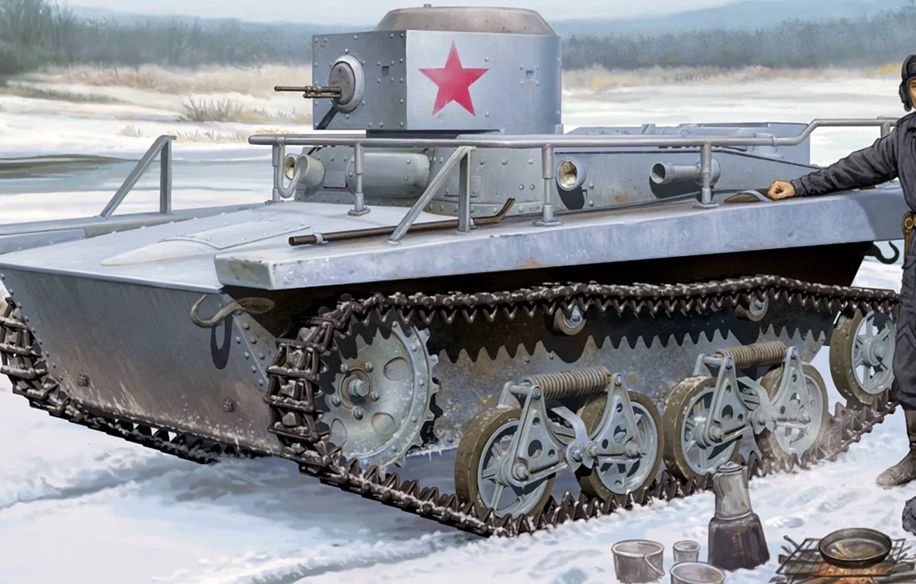 Фото обои снег, рисунок, арт, РККА, привал, Т-37А, отдых советских танкистов, типа разведывательный танк