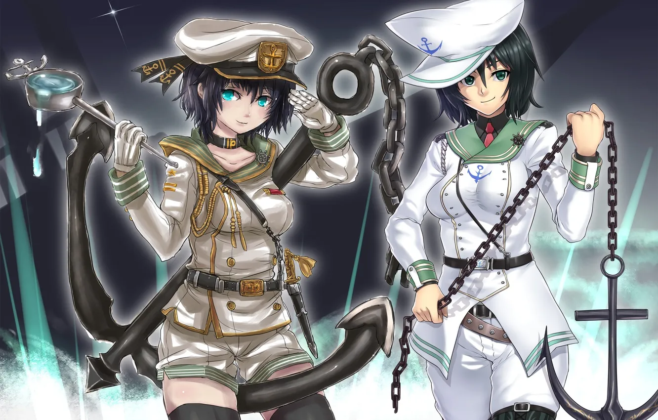 Фото обои вода, девушки, арт, цепь, форма, фуражка, touhou, якорь