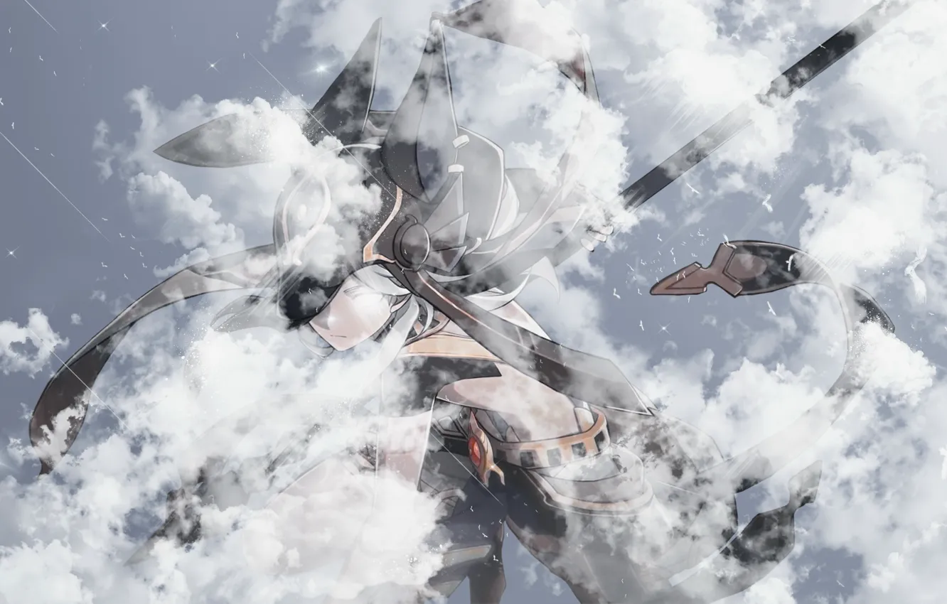Фото обои облака, птицы, парень, Genshin Impact, Cyno