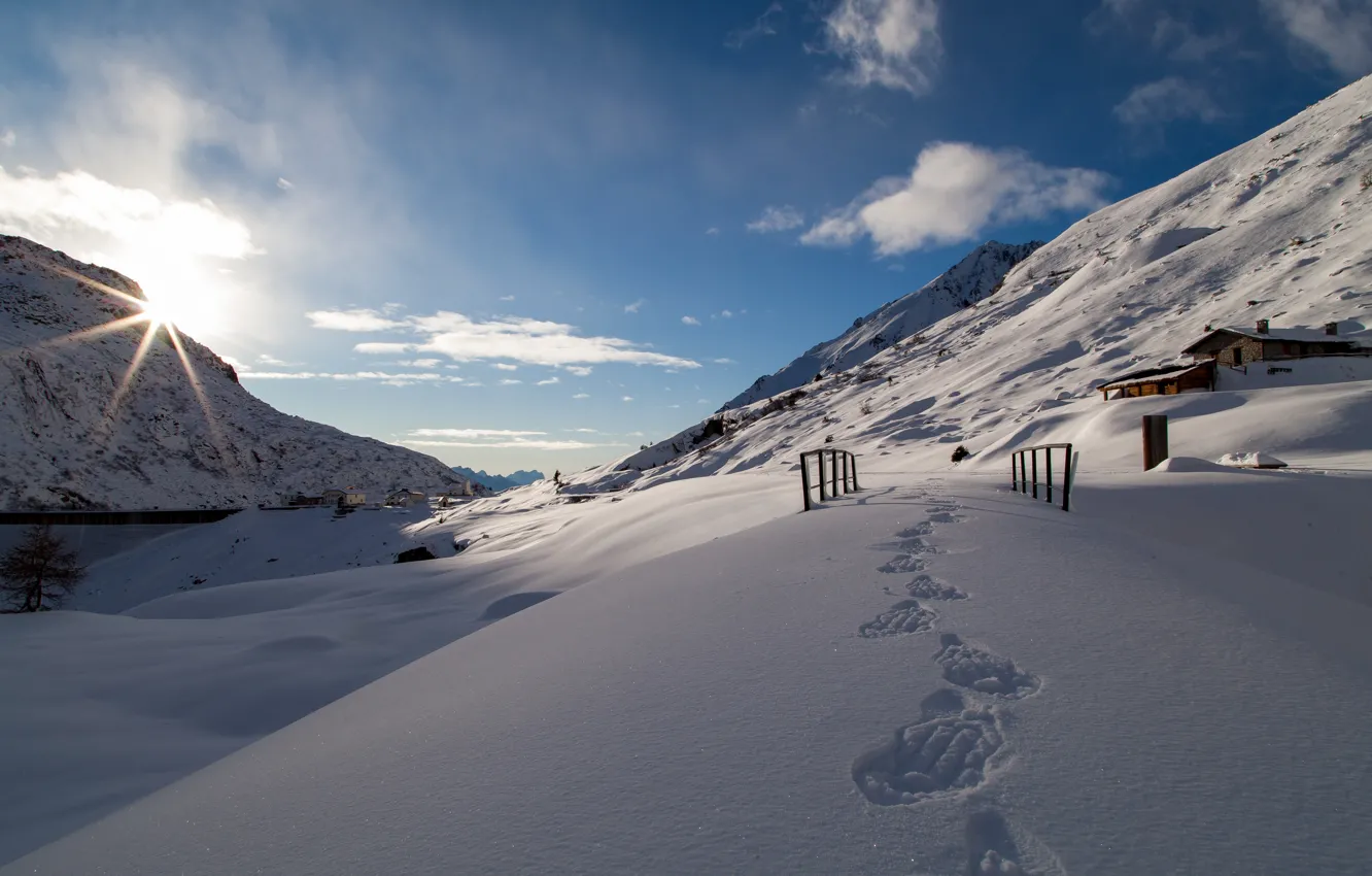 Фото обои снег, горы, следы, Италия, Val Salarno