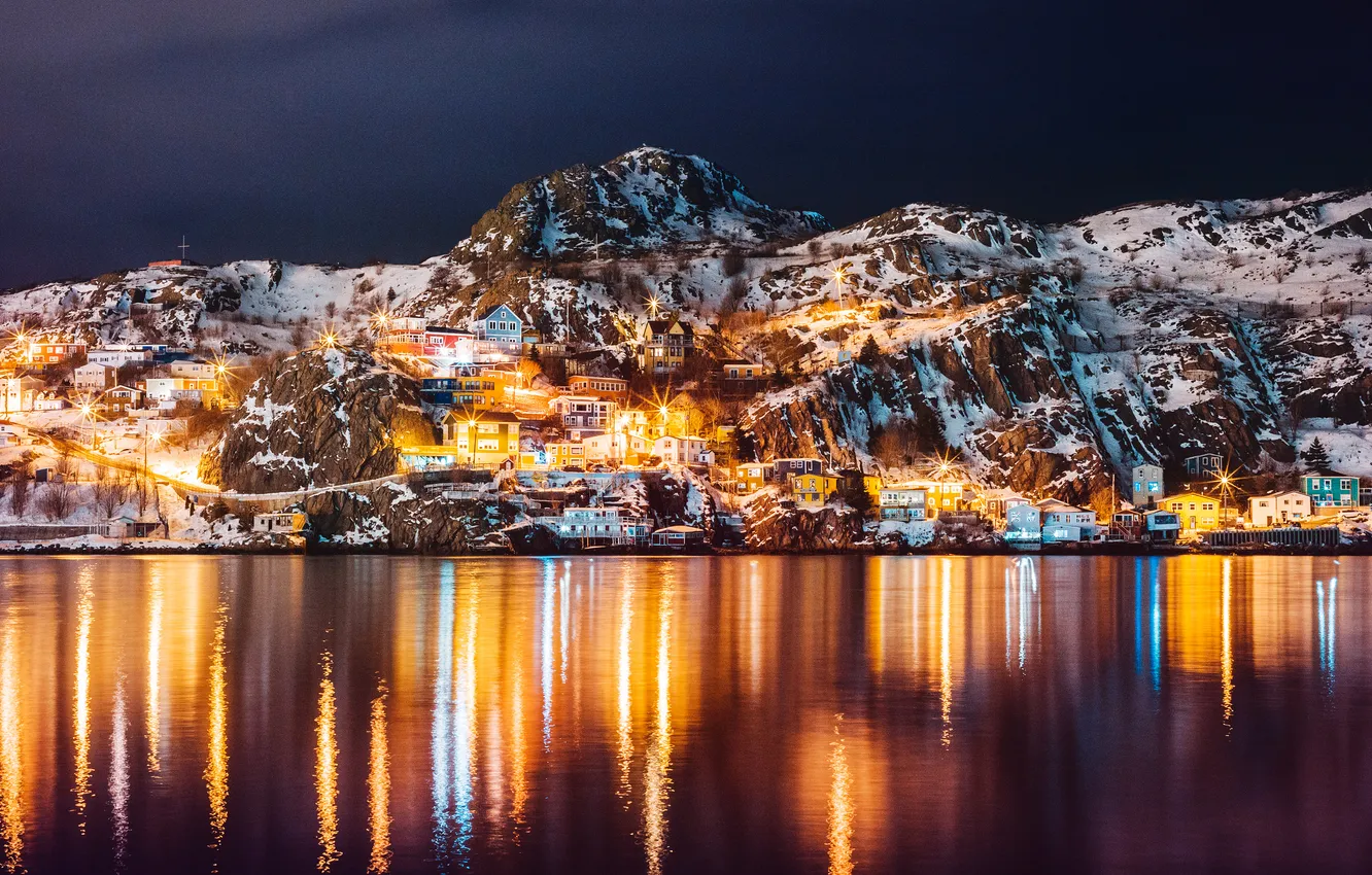 Фото обои World, Canada, Island, Lake, Reflections, Newfoundland, Night lights