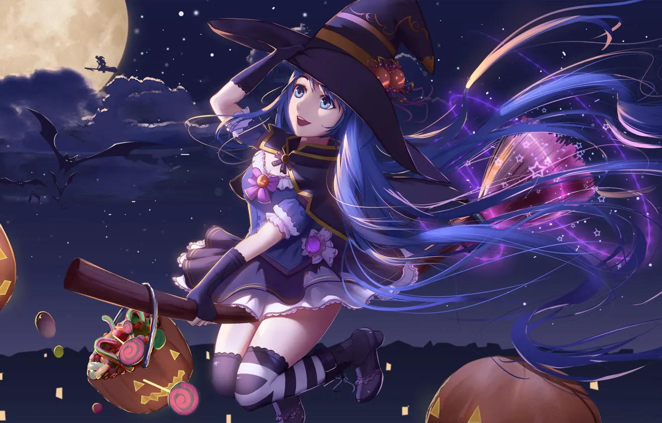 Фото обои девушка, луна, Хеллоуин, Вокалоид, ведьмочка
