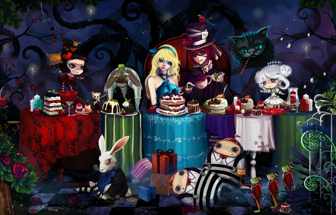 Фото обои мышь, кролик, столы, лягушки, торт, Алиса в стране чудес, Шляпник, Чешир