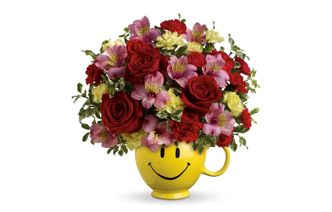 Фото обои цветы, розы, букет, белый фон, ваза, альстрёмерия