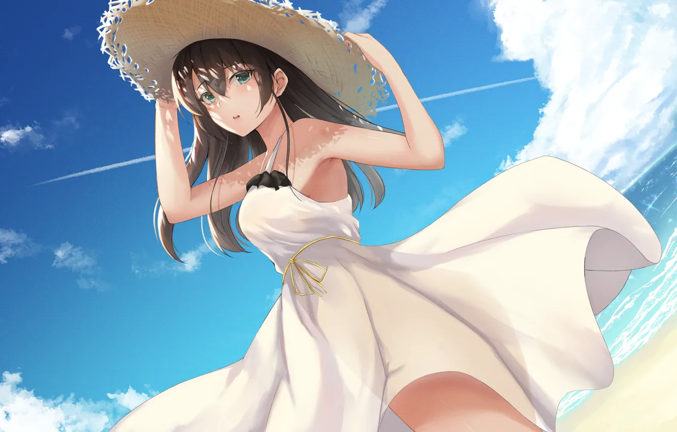 Фото обои море, небо, девушка, шляпа, Natsuiro Matsuri, виртуальный ютубер Hololive