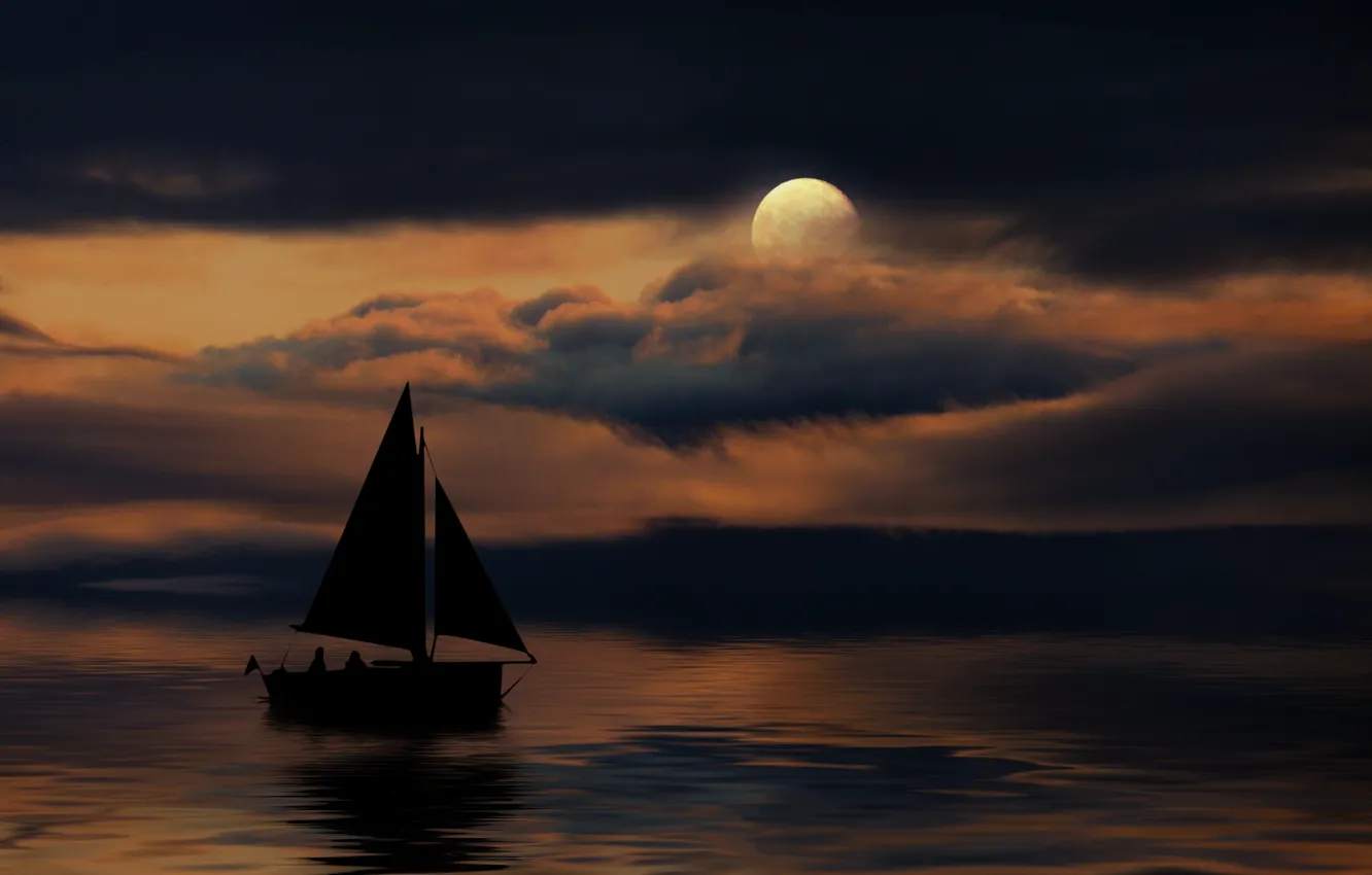 Фото обои ночь, луна, лодка