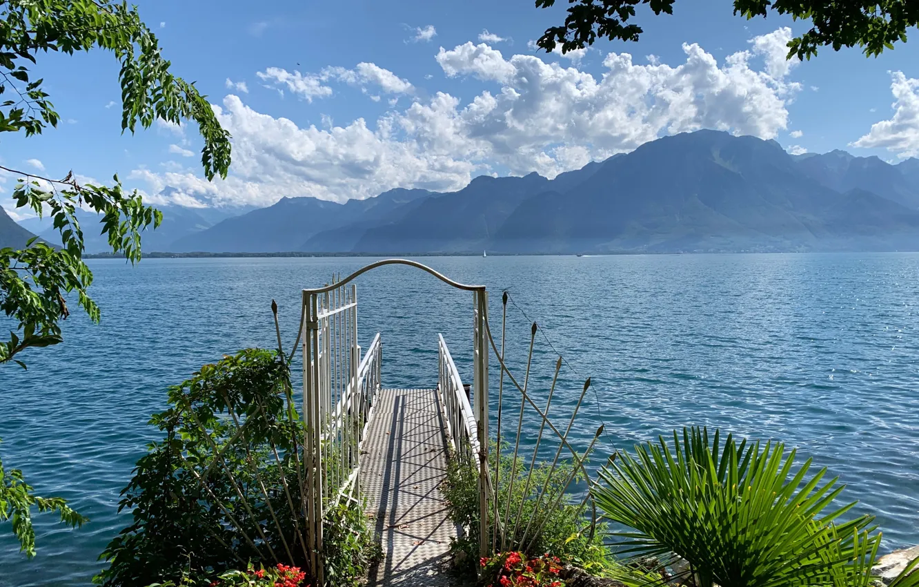 Фото обои облака, горы, озеро, фото, Швейцария, пирс, Switzerland, Montreux