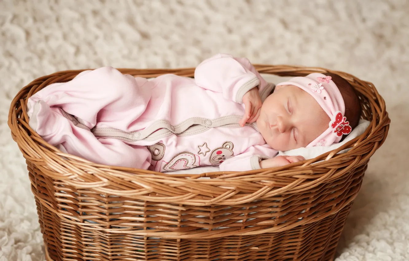 Фото обои корзина, ребенок, маленький, костюм, спит, младенец, sleep, basket