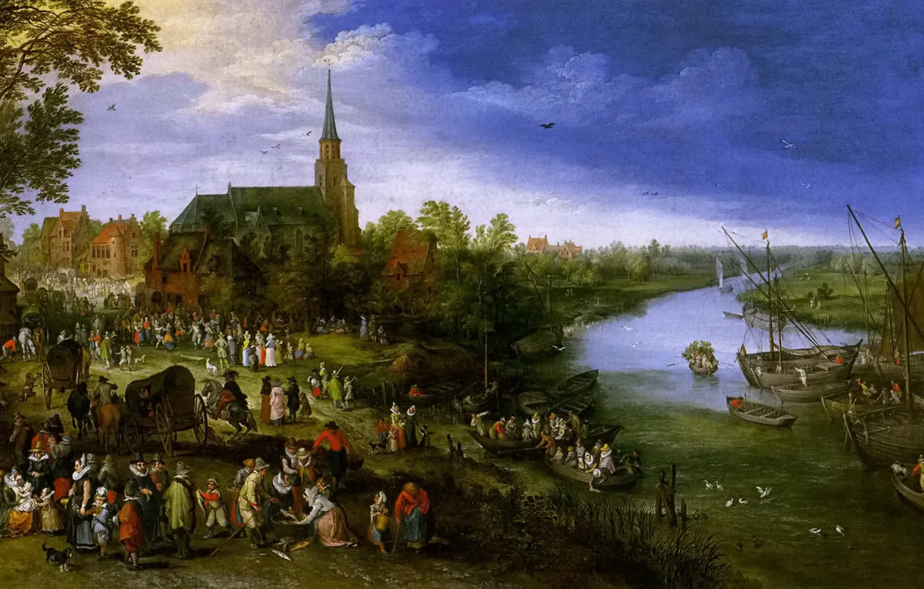 Фото обои река, люди, лодка, картина, собор, Ян Брейгель младший, Речной Пейзаж с Ярмаркой