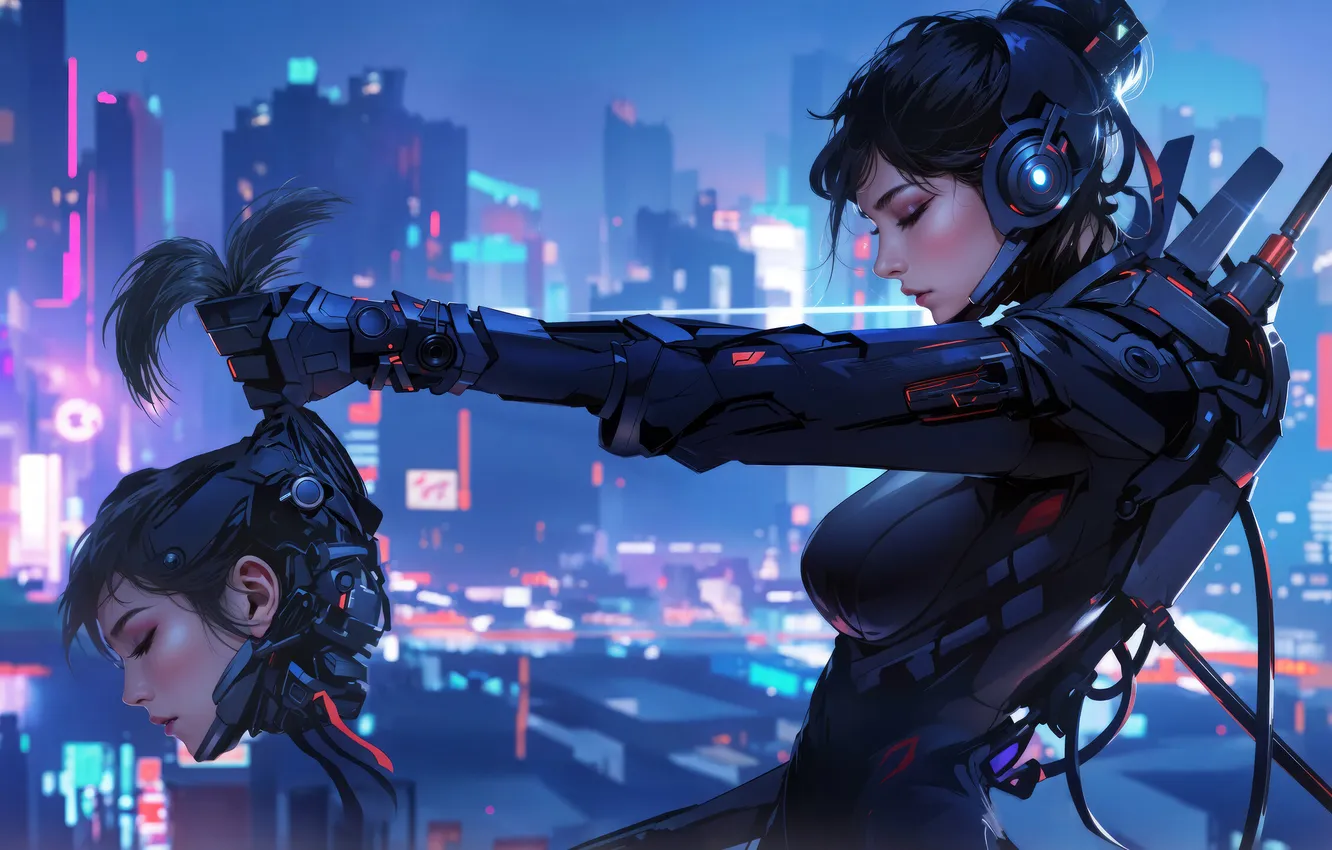 Фото обои science fiction, digital art, cyborg, anime girls, AI art