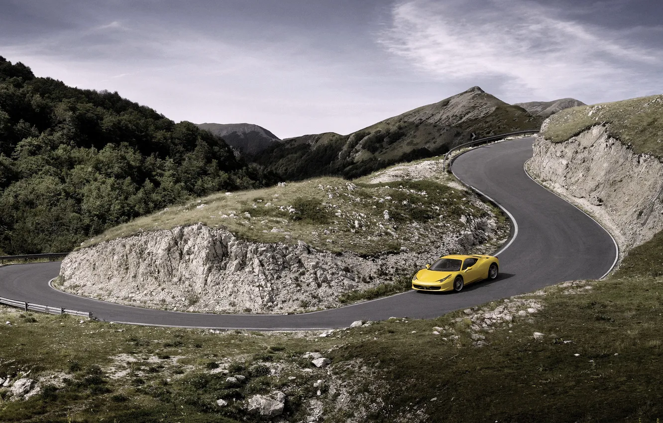 Фото обои Авто, Дорога, Желтый, Феррари, Поворот, Ferrari, 458, Italia